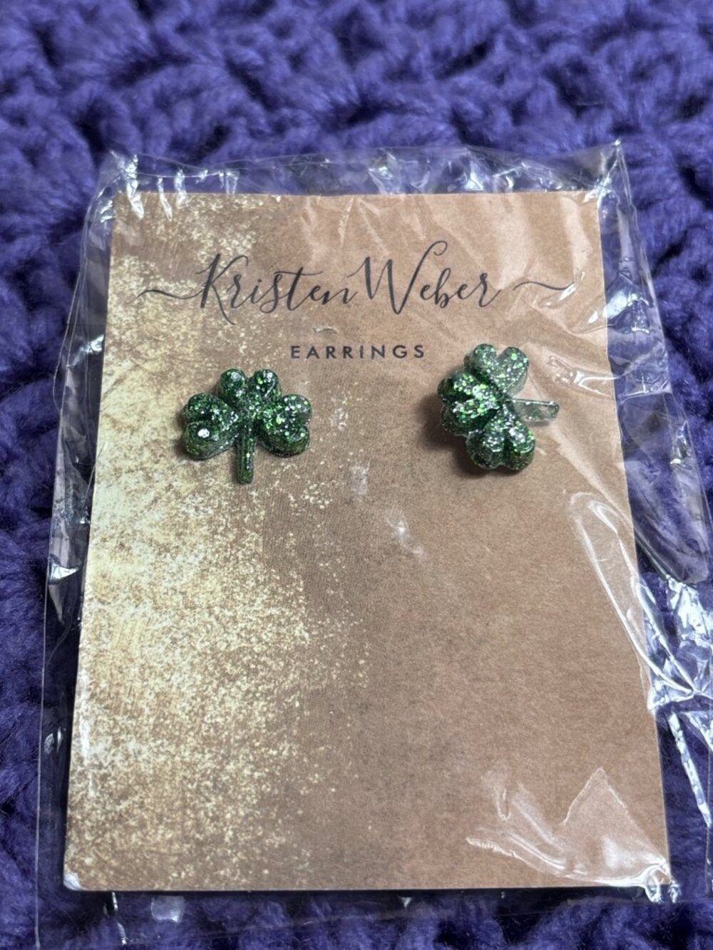 Kristen Weber Green Glitter Shamrock Clover Stud Earrings 5/8 inch New